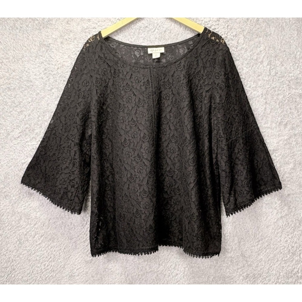 Style & Co Women 2X Black Lace Blouse Bell Sleeve Scallop Hem Boho Romantic